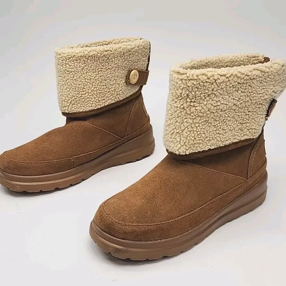 Skechers Boots Chestnut Brown Faux Sherpa Suede Women 10 Flat SN48676 Shoe Ankle